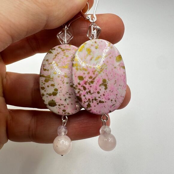 SALE 3" dangle earrings with painted acrylic beads, rose quartz and glass beads! - Picture 11 of 11